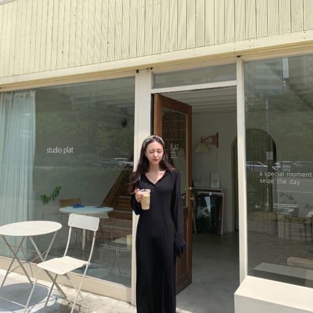 블랙 롱 후드원피스