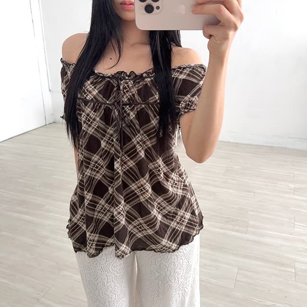 Brown Check Off-Shoulder Top