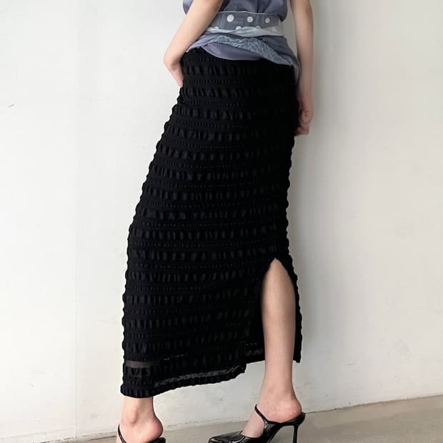 Crinkle shirring long skirt / black