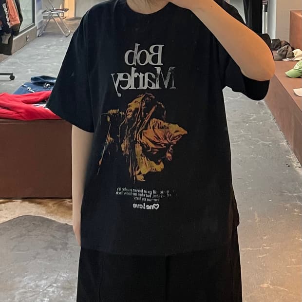 빈티지 밥 말리 원 러브 프린팅 반팔 H2258