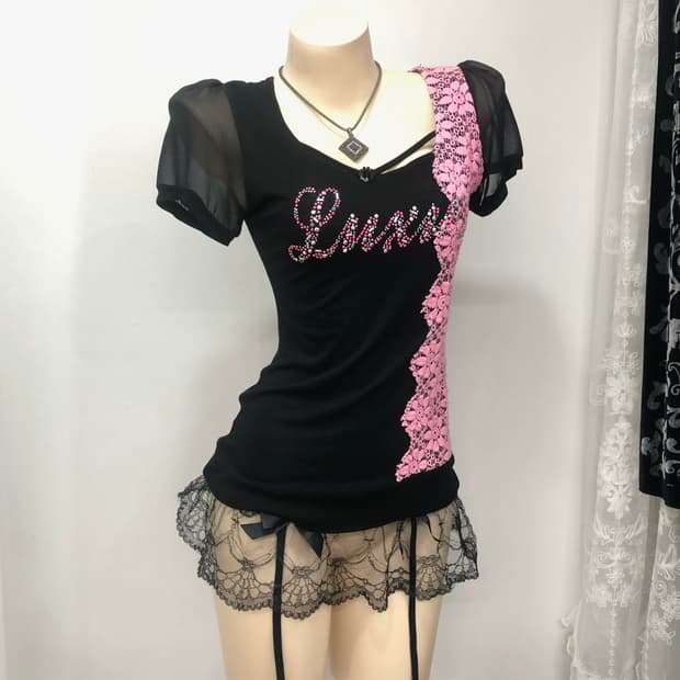 side pink lace cubic detail black top