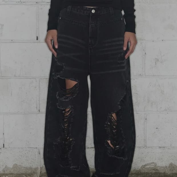 팬시클럽 워시드 데미지 데님 팬츠 블랙 1사이즈