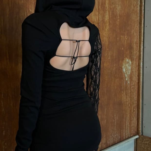 bnfrom 블랙 미니 드레스 FROM LACE HOOD OPS M
