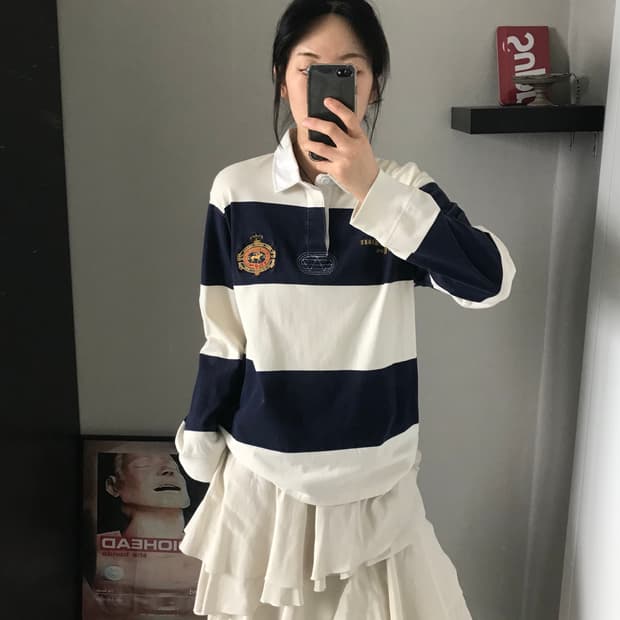 폴로 랄프로렌 클럽 로고 단가라 긴팔 럭비티