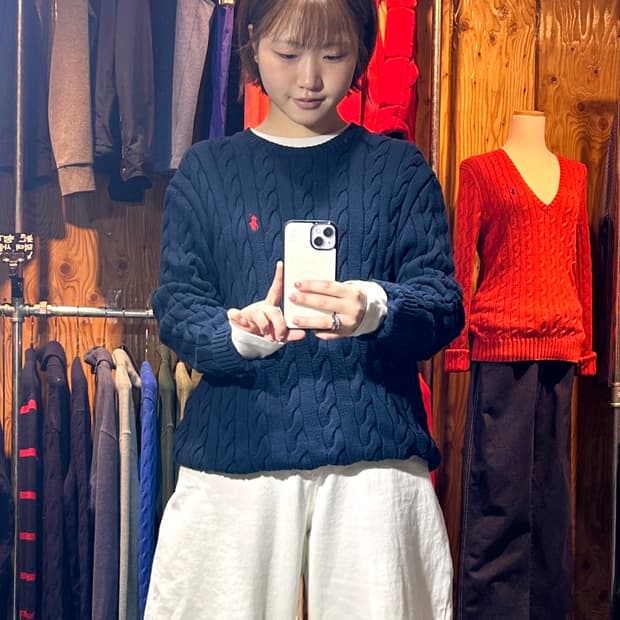 L 폴로랄프로렌 레드 포니 네이비 케이블 니트