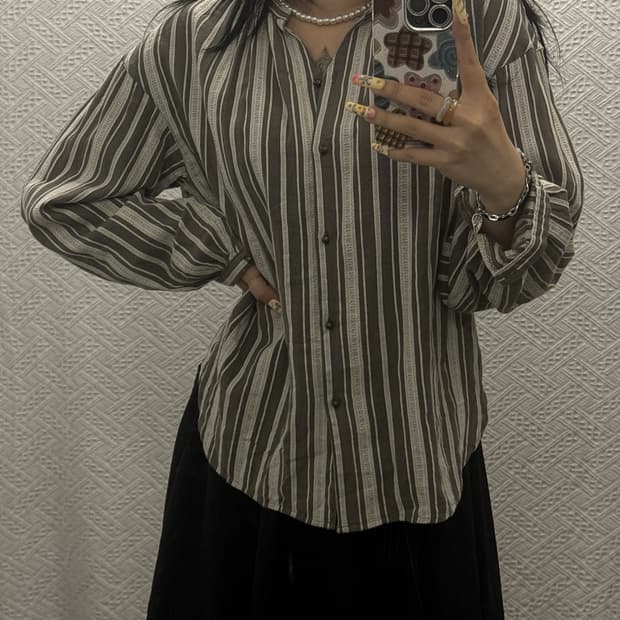 빈티지 재팬 보헤미안 캐주얼 스트라이프 콩버튼 셔츠 K0596