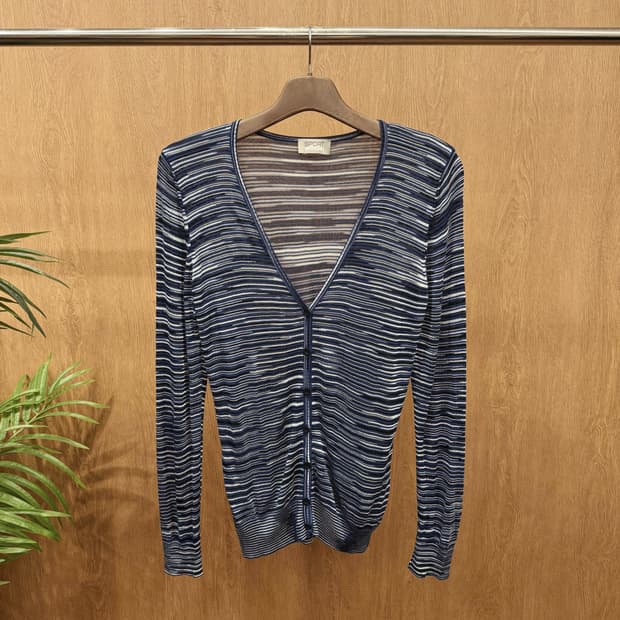 미쏘니 스포츠 스트라이프 시스루 니트 가디건 브이넥 버튼 디테일 블루