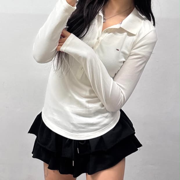 타미힐피거 6버튼 화이트 걸즈 럭비셔츠 카라넥 슬리브(M)