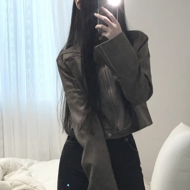 에이블리 징케 워싱 레더 스웨이드 크롭 라이더 자켓 브라운