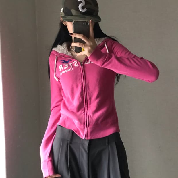 홀리스터 핑크 퍼후드집업
