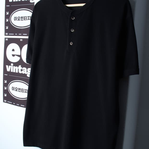 (L-XL) 반팔 티셔츠 헨리넥 무지 블랙 놈코어-H32139