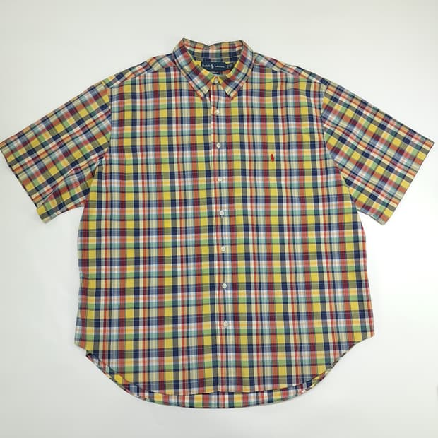 Co518 3XL Big 폴로 랄프로렌 엘로우네이비 매드라스 반팔 셔츠
