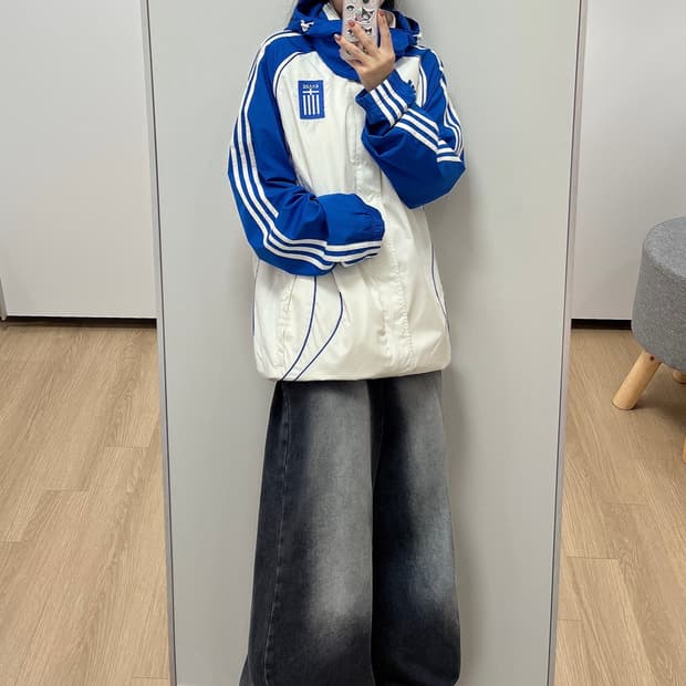 아디다스 그리스 흰파 포카리 후드 바람막이 자켓