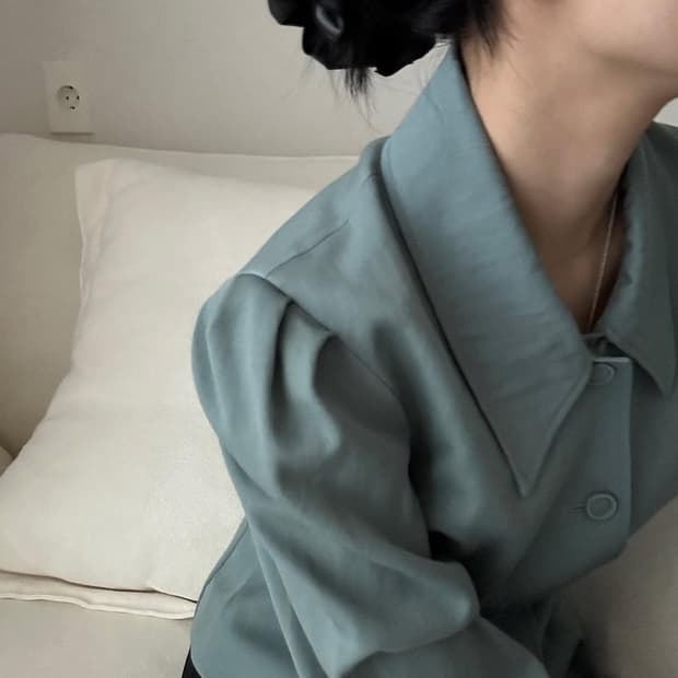 빈티지 ) 딥민트 퍼프 울 블라우스