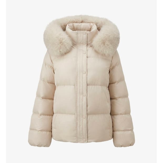 새상품) 어라운드율 안젤리나 구스 패딩 크림 베이지 컬러 A라인 폭스퍼