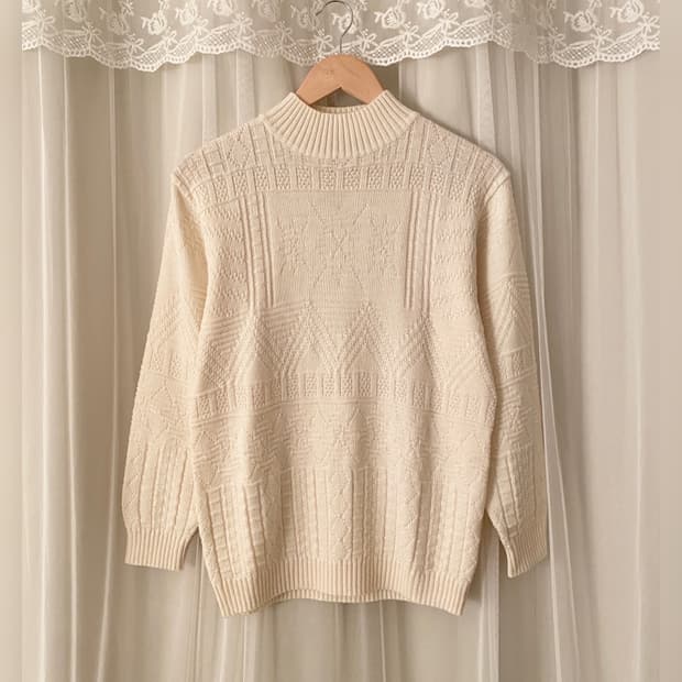 Ivory Wool Blend Aran Texture Sweater