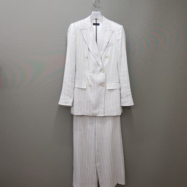 띠어리 스트라이프 린넨 테일러드 자켓 와이드 팬츠 투피스 셋업 S사이즈