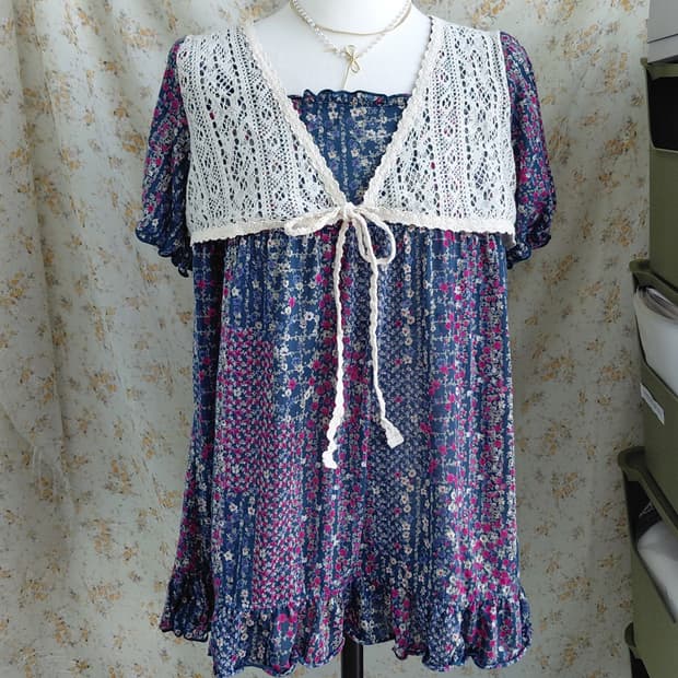 [일본빈티지] 꽃무늬 원피스 + 레이스 숄 세트