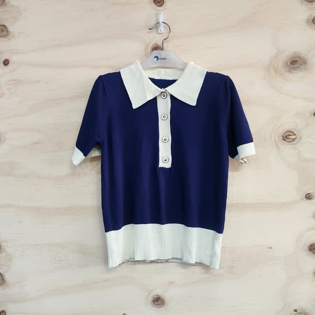 586) 배색 카라 포인트 반팔 니트티