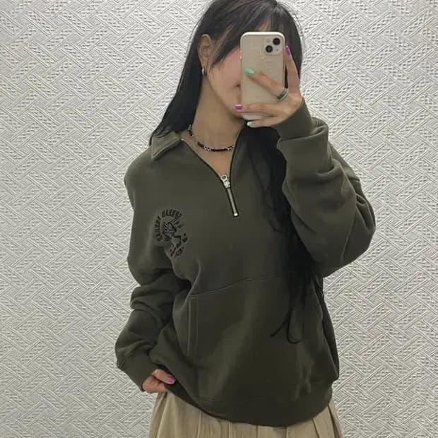 브라운브레스 빈티지 캐주얼 카키 반집업 맨투맨 M C06579