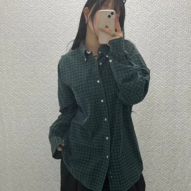 타미힐피거 빈티지 체크 딥그린 오버핏 셔츠 L C06618