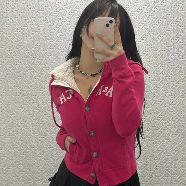 아베크롬비 대장급 90's Y2K 딥핑크 양털 후드 자켓 M C06691