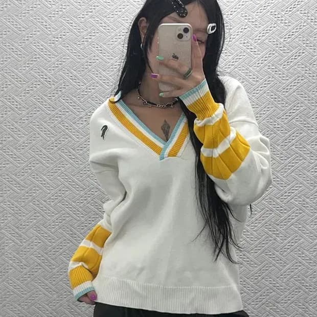 라코스테 레트로 컬러블록 브이넥 니트 S C07000