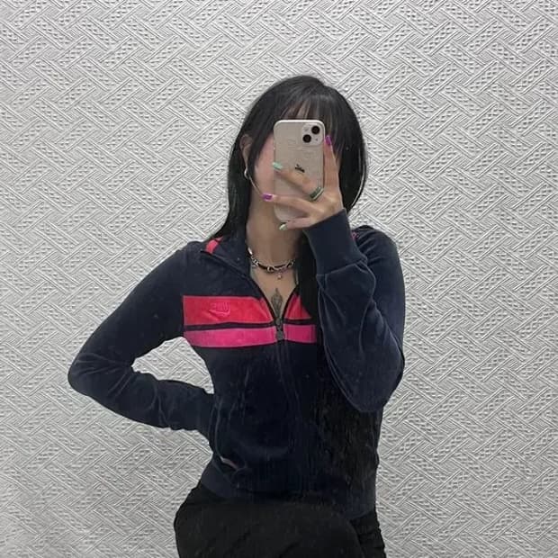 나이키 Y2K 레트로 라인 배색 벨벳 트랙탑 집업 XS C07096