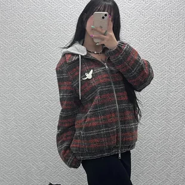 와릿이즌 와키윌리 키치 오렌지 체크 후드 자켓 M C07225