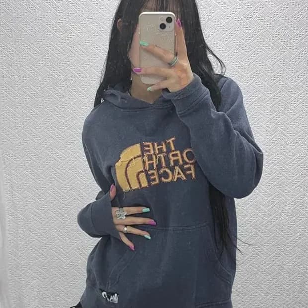 노스페이스 올드스쿨 빈티지로고 딥블루 기모 후드티 100 C07289