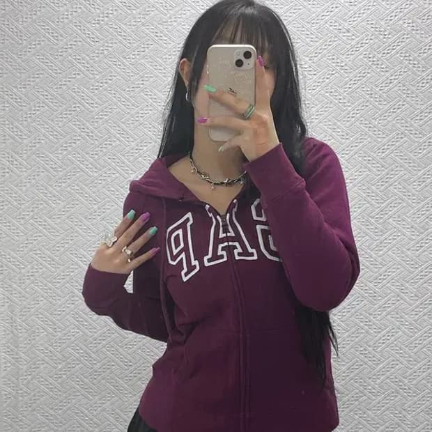 갭 GAP 레트로 Y2K 빅로고 버건디 기모 후드 집업 S C07300