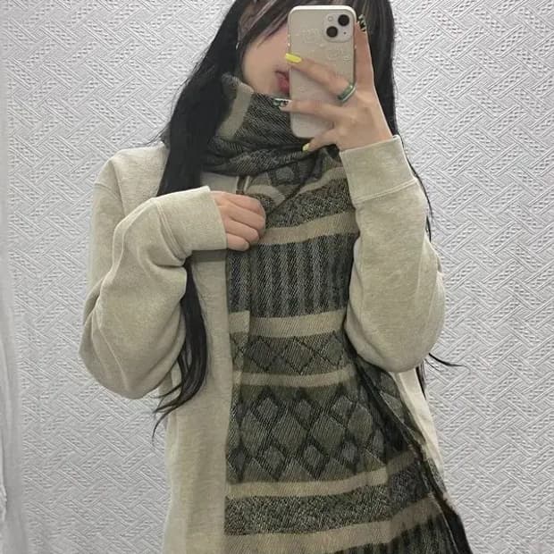 빈티지 보헤미안 에스닉 인디언 올리브카키 목도리 C07473