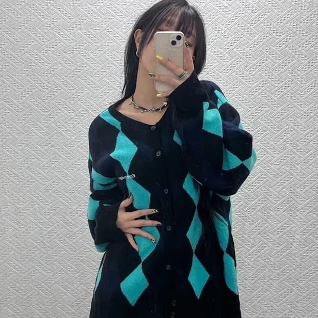 MMLG 빈티지 유니크 키치 아가일 가디건 L C07501