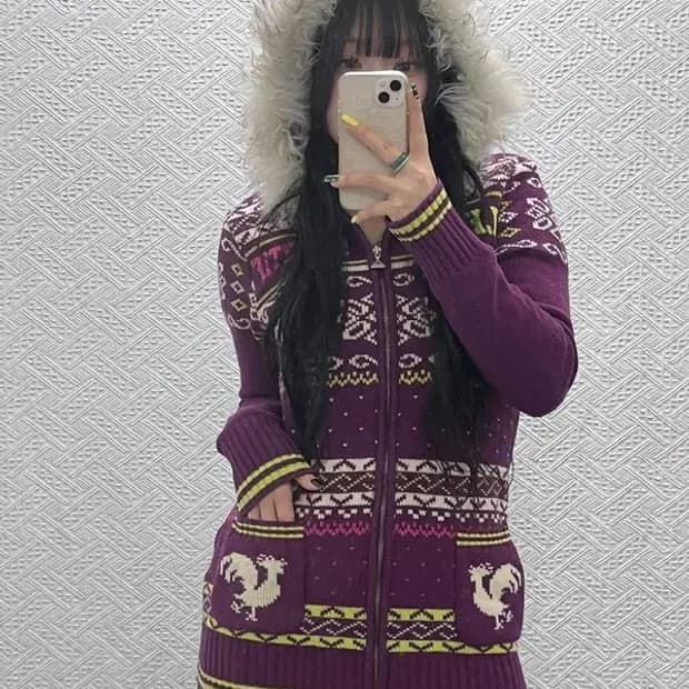 르꼬끄 희귀 Y2K 노르딕 코위찬 털 후드집업 가디건 90 C07589