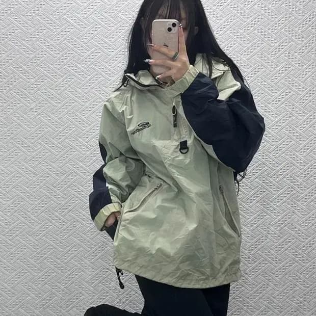 퀵실버 배색 피스타치오그린 아노락 반집업 바람막이 XL C07743