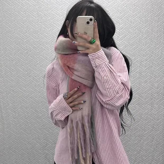 빈티지 폭닥 딸기우유 핑크 체크 모헤어 목도리 C07991