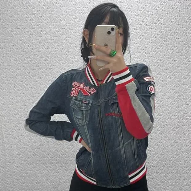 푸부 올드스쿨 Y2K 데님 패치 바이커 바시티자켓 M C08128