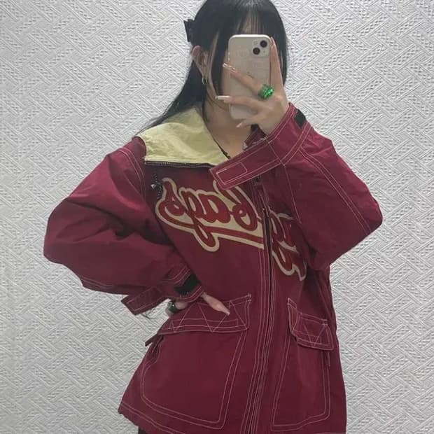 재팬 빈티지 올드스쿨 레트로 버건디와인 누빔 후드자켓 M C08261