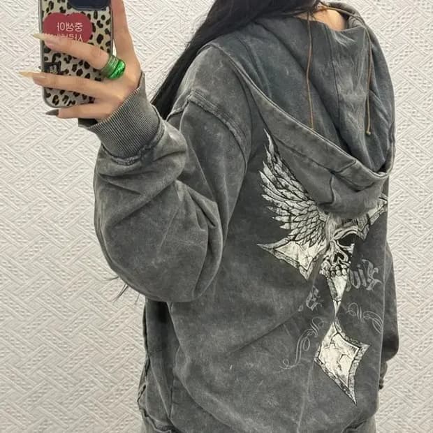 버커루 스트릿 고딕 고어 스컬 빈티지 데미지 후드집업 L C08486