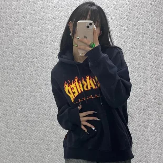 트레셔 올드스쿨 스트릿힙합 불꽃로고 후드티 L C08534