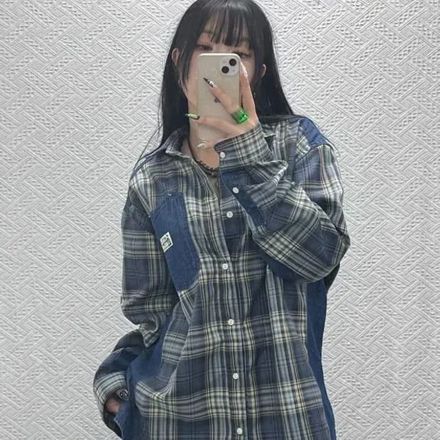 맥우드건 레이버 스트릿 데님패치워크 체크 셔츠 M C08614