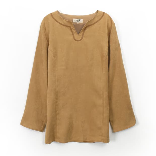 일본 빈티지 에스닉 스웨이드 베이지 라운드 넥 자수 블라우스