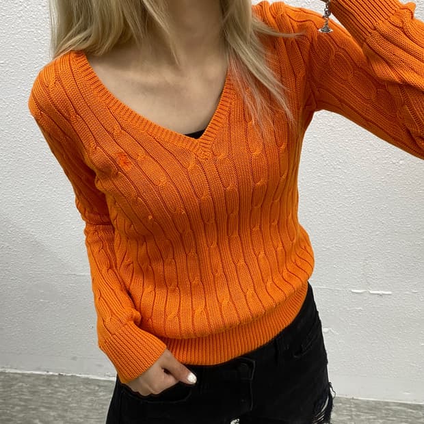 폴로 랄프로렌 오렌지포니 오렌지 꽈배기니트 S