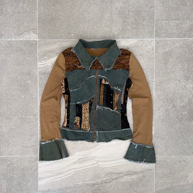 Brown ethnic lace knit patch denim zipup