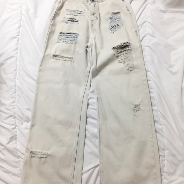 연청 로우라이즈 데미지 와이드 진 연청바지