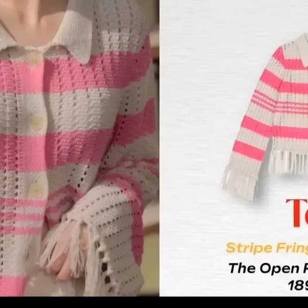 더오픈프로덕트 스트라이프 프린지 니트자켓 핑크 / 정가189,000