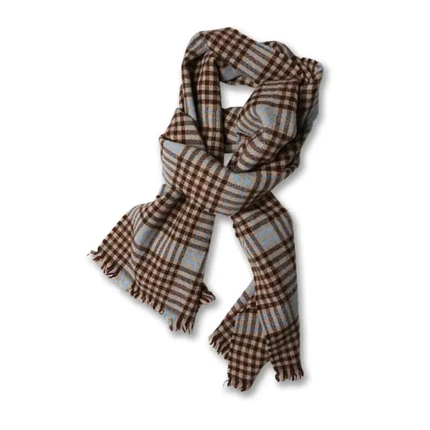 드레익스 [Drake's] 베이지 브라운 하늘색 체크 클래식 머플러