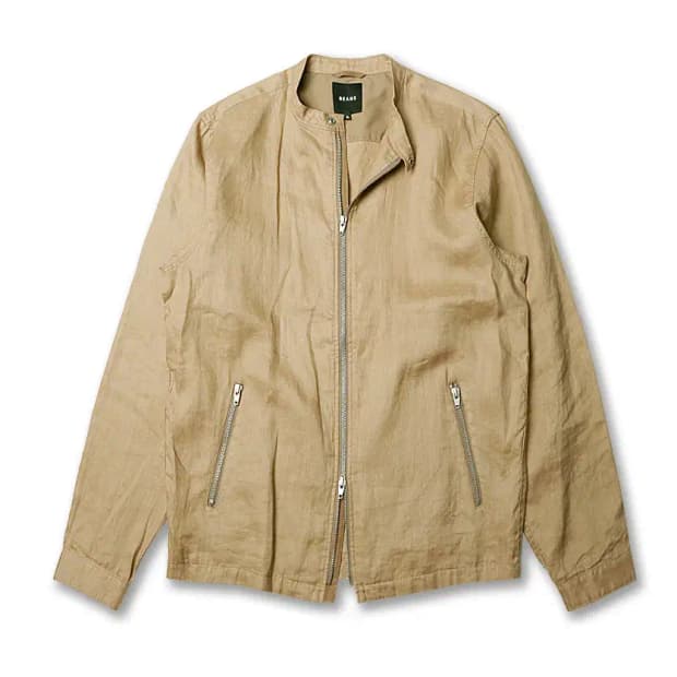 빔즈 [Beams] 투웨이 베이지 플랙스 블루종 자켓 린넨 차이나칼라