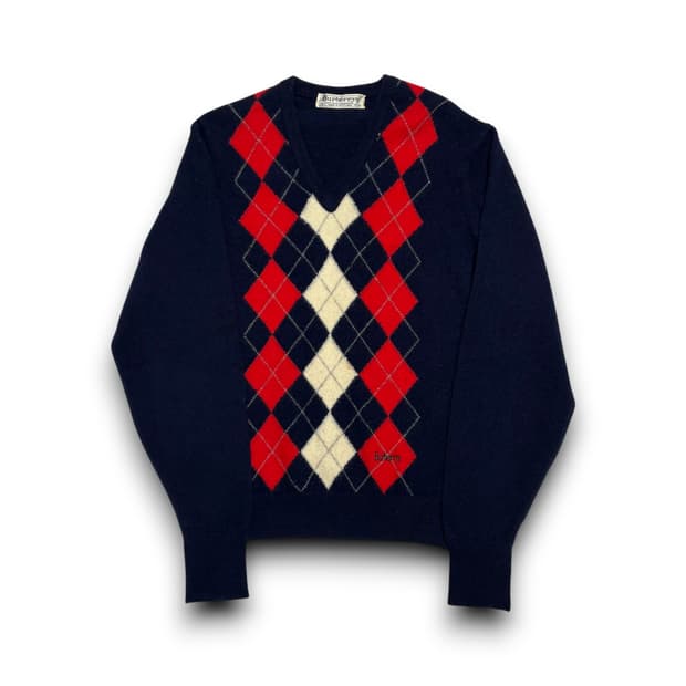 Burberrys 100% 램스울 아가일 패턴 네이비 브이넥 니트 스웨터