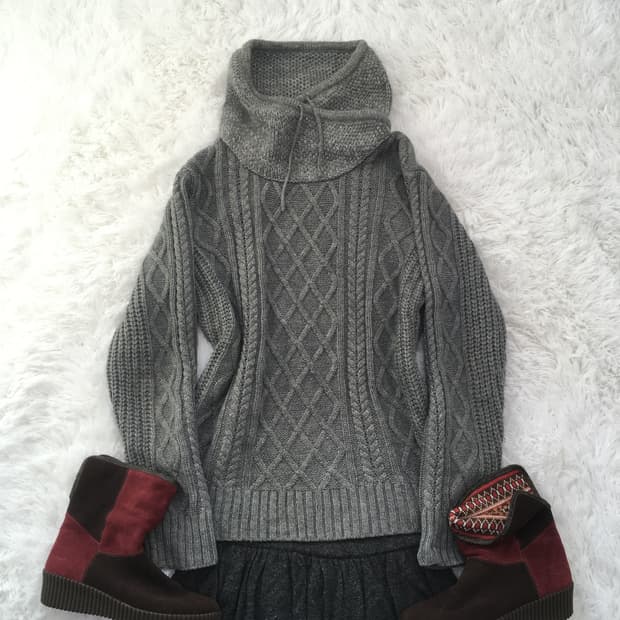 jpn vintage 그레이 터틀넥 꽈배기 후드 니트